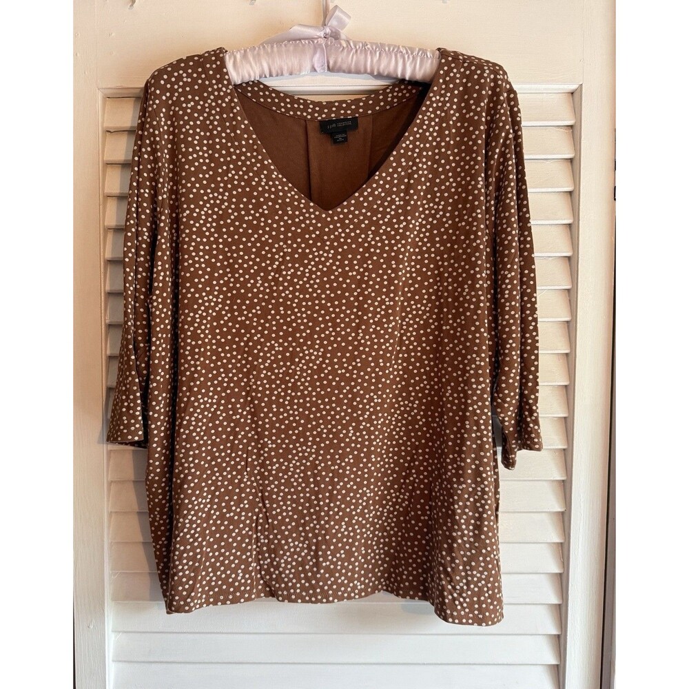 J. Jill T Shirt Top Womens XL Petite Brown White Polka-Dots Wearever Earthy Boho